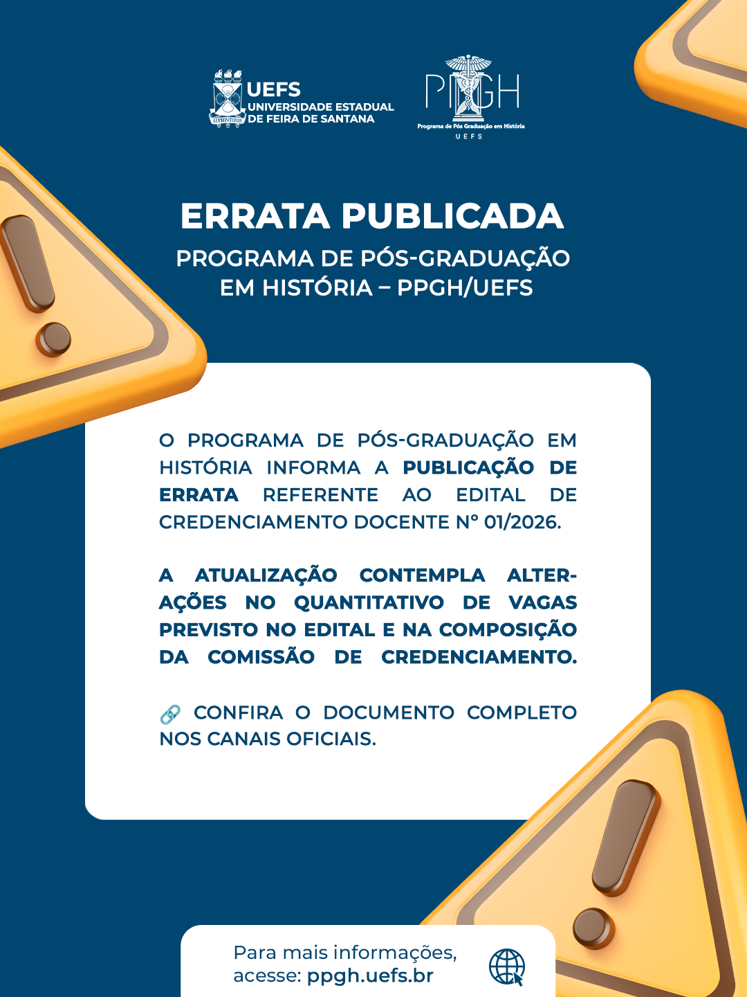 PPGH/UEFS publica errata referente ao Edital de Credenciamento Docente nº 01/2026